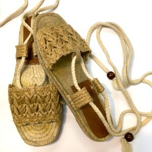 Zara Crochet Lace Up Flat Sandals EU 37 Tan Boho Festival Vacation Travel Spring